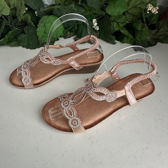 Elegant Rhinestone Embellished Rose Gold Sandals Size 39 - Picture 2 of 7